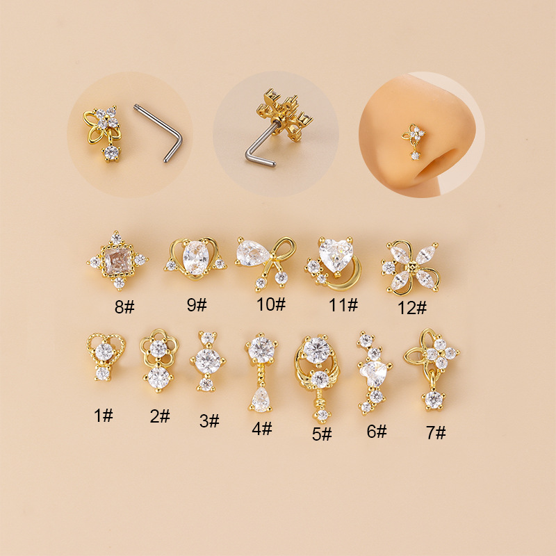 Body Jewelry Surgical Steel - 20G L-vormige kubieke zirkonia neusstud, chirurgisch
